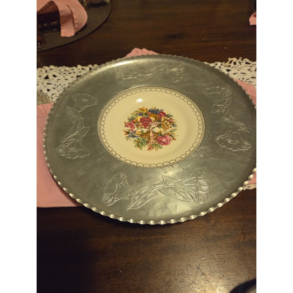 Vintage faberware aluminum Platter With A Porcelain Center, Floral